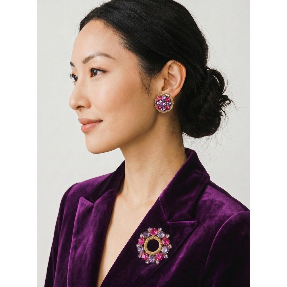 Vintage Weiss Purple Fuchsia‎ Rhinestone Wreath Brooch & Earring Set Retro Glam